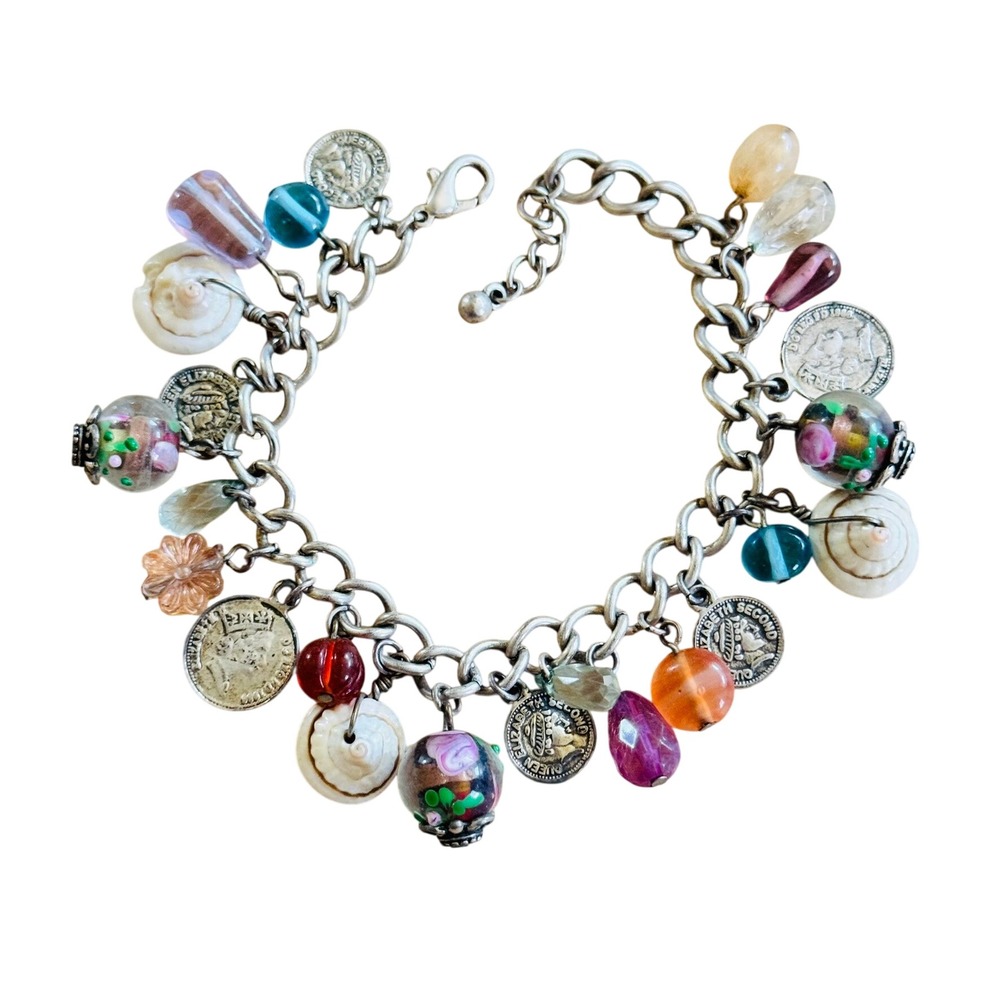 VTG Wedding Cake Charm Bracelet Glass Colorful Coin Beaded Silver Dangle 8"L